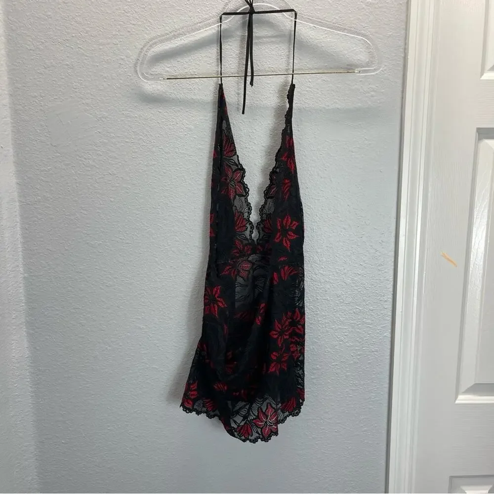Vintage Fredericks Of Hollywood Satin Pajama‎ Set Red Black Lace 3 Pc Sleepwear